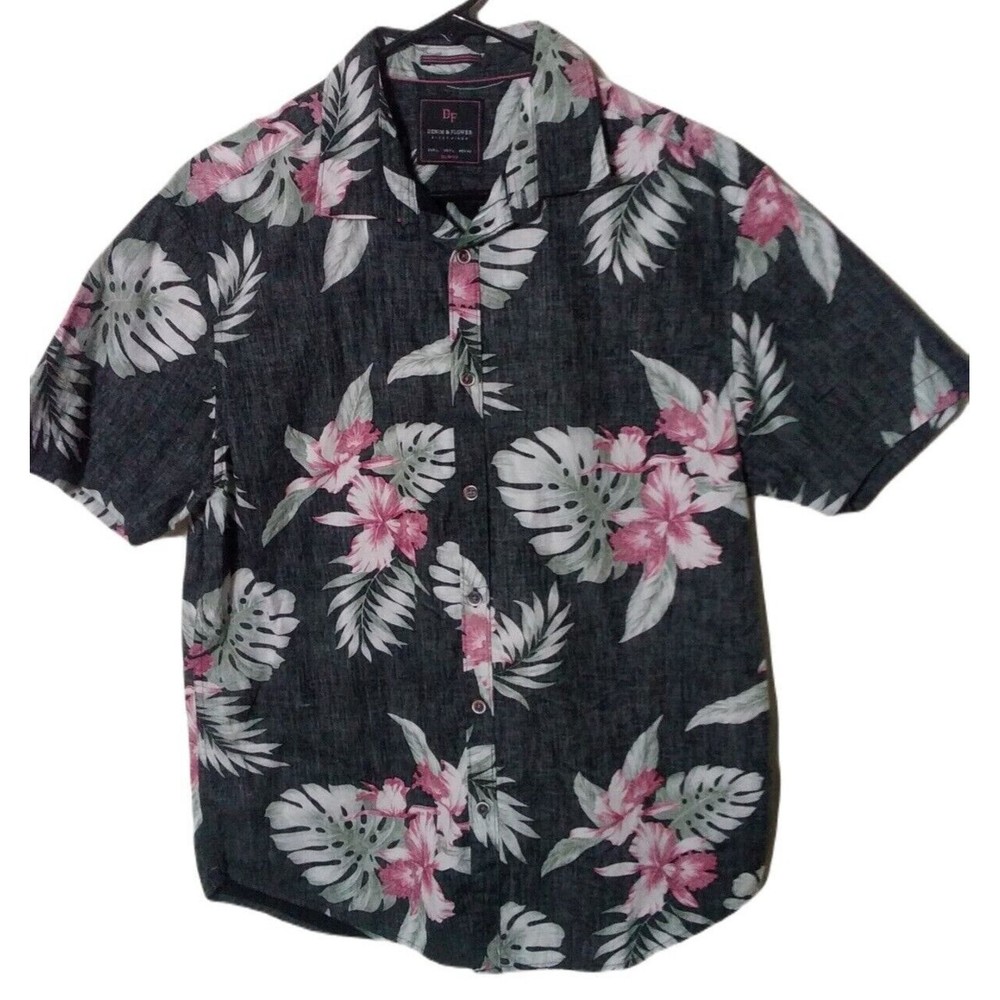 Denim & Flowers Hawaiian Shirt Dark Gray Pink Flowers Green Leaves Mens Large